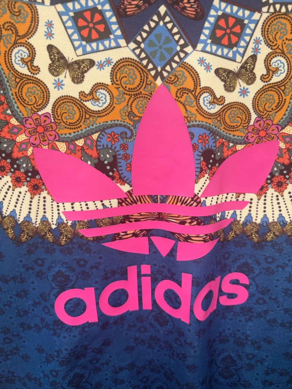 adidas and Farm Rio Blue Sweatshirt with Hot Pink Trefoil and butterfly print! - Picture 6 of 8